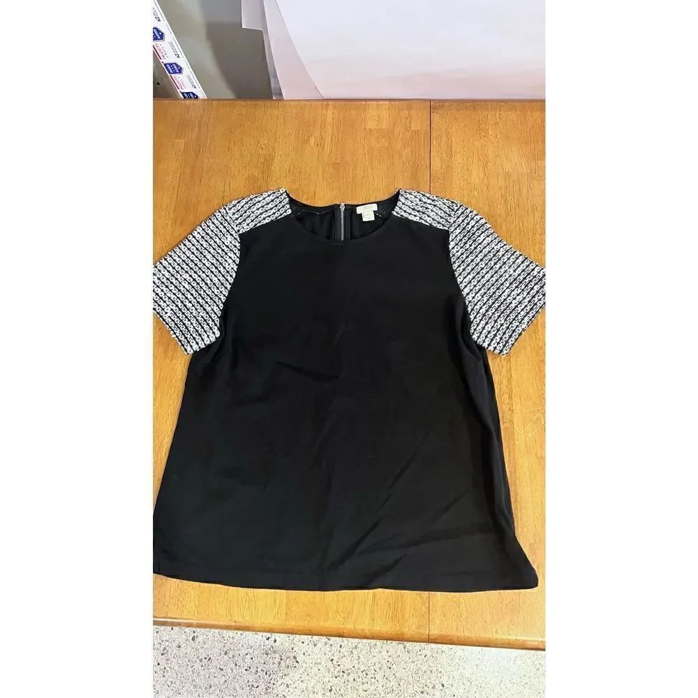 J CREW BLACK DRESS SHIRT TOIP TWEED SLEEVES BACK ZIP SIZE L